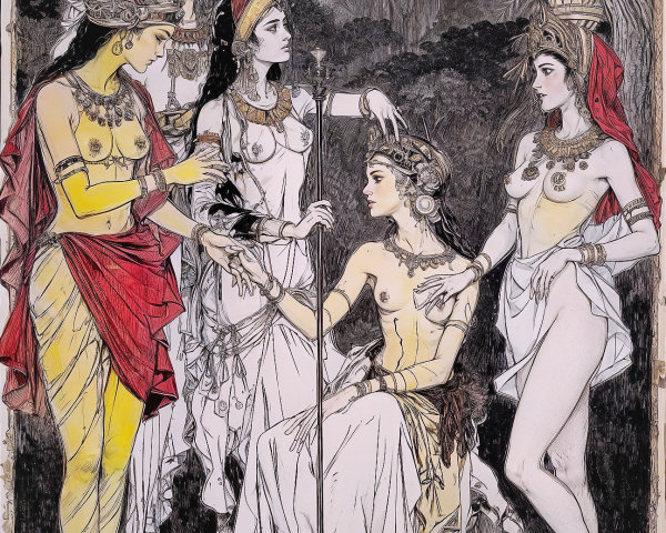 Five Elegant Women in a Mythical Nature Setting