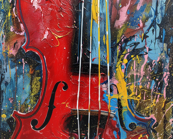 Abstract Artwork of a Red Violin with Colorful Background