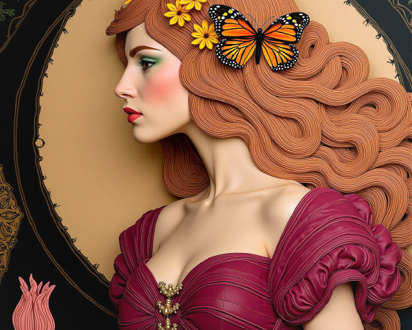 Stylized Woman in Burgundy Gown with Floral Accents