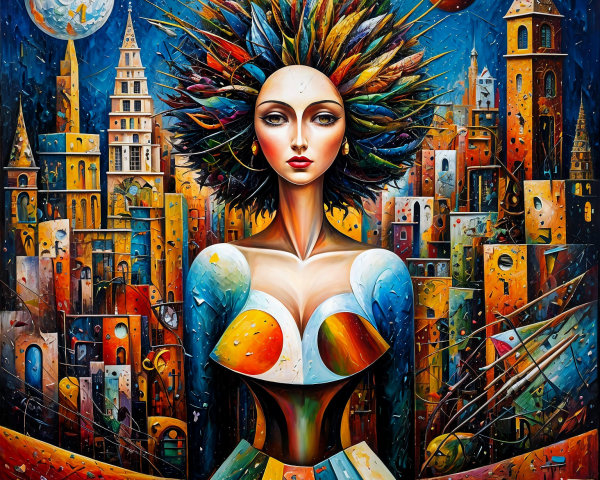 Woman with Colorful Foliage Hair in Abstract Cityscape