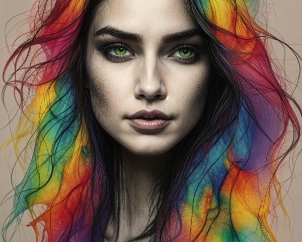 Portrait of a Woman with Multicolored Hair and Green Eyes