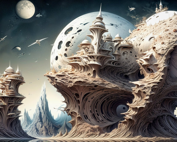 Surreal Landscape with Organic Towers and Moons