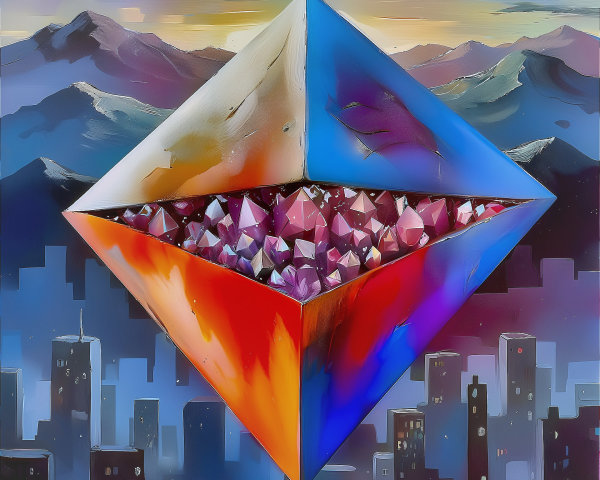 Geometric Pyramid with Vibrant Colors Above Skyline