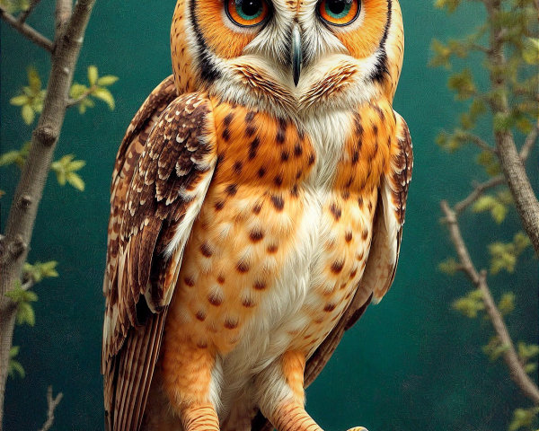 Owl on Moss-Covered Branch with Vibrant Plumage