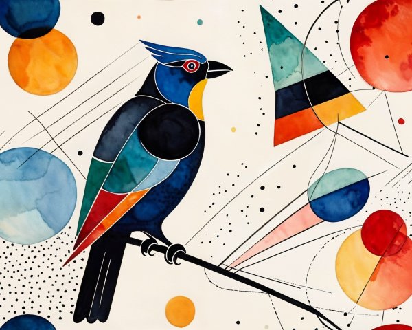 Vibrant Bird on Branch with Geometric Shapes and Colors