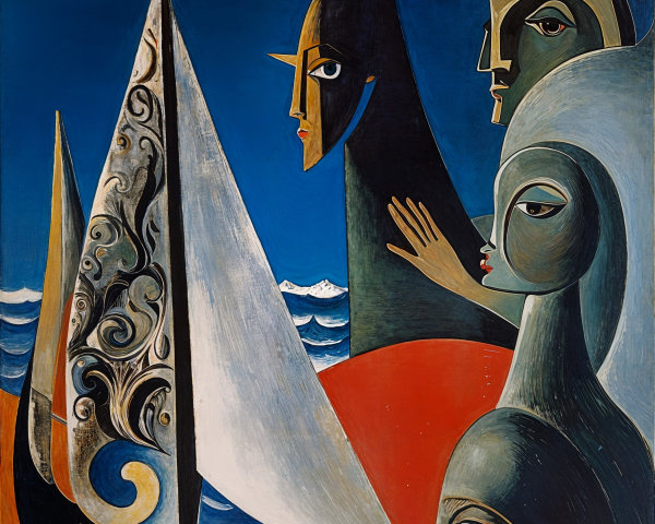 Abstract Composition of Figures with Sailboat and Sea