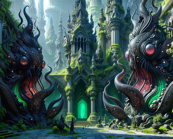 Ancient Ruins with Carved Structures and Greenery