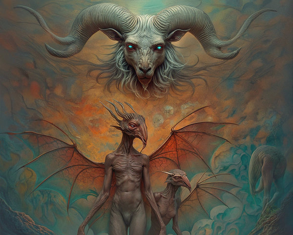 Surreal Scene with Ethereal Creature and Winged Figure