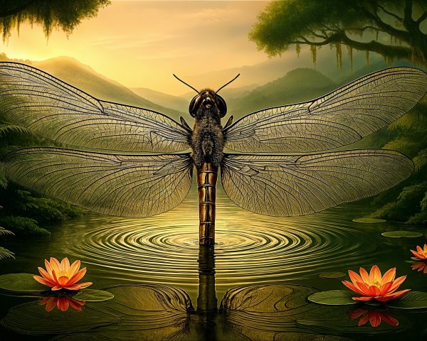 Giant Dragonfly in Serene Pond Surrounded by Nature