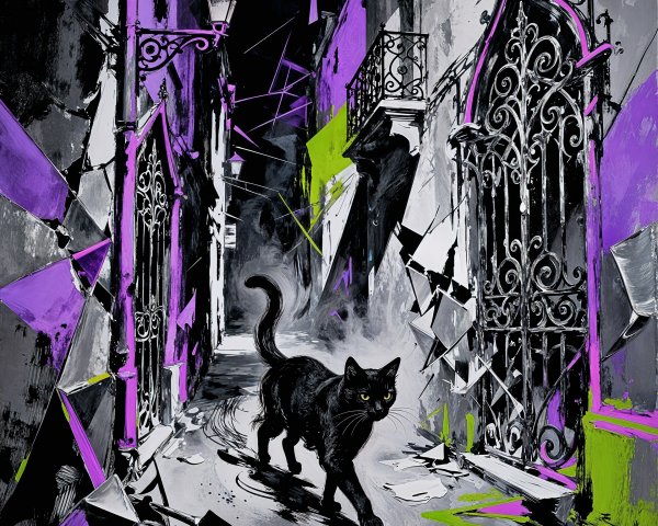 Abstract Painting of a Black Cat in a Dark Alley