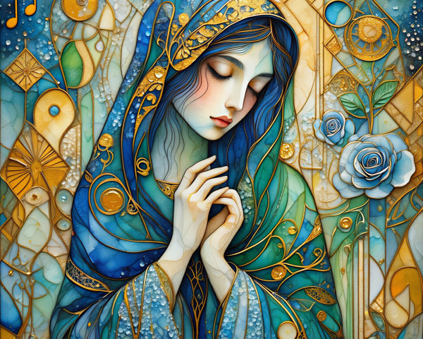 Stained Glass Artwork of Serene Woman in Prayer