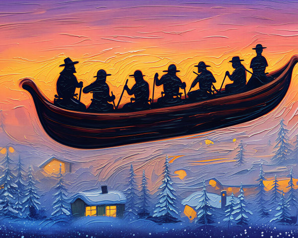 Silhouetted Figures in Boat Over Vibrant Sunset Sky