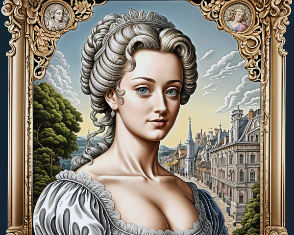 Young Woman in Historical Dress Against Grand Landscape