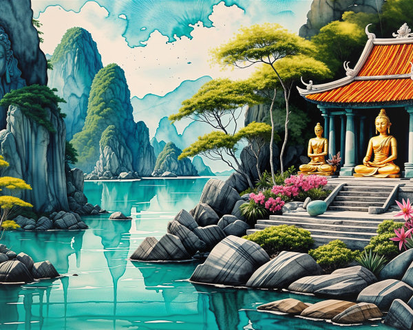 Serene Landscape with Buddha Statue and Temple