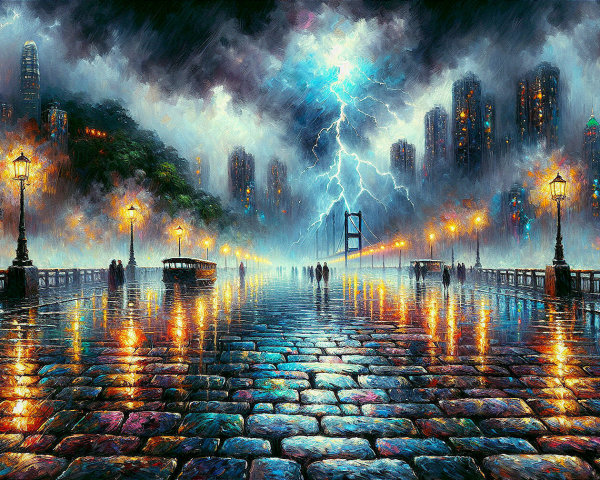 Urban Landscape at Dusk with Stormy Sky and Lightning