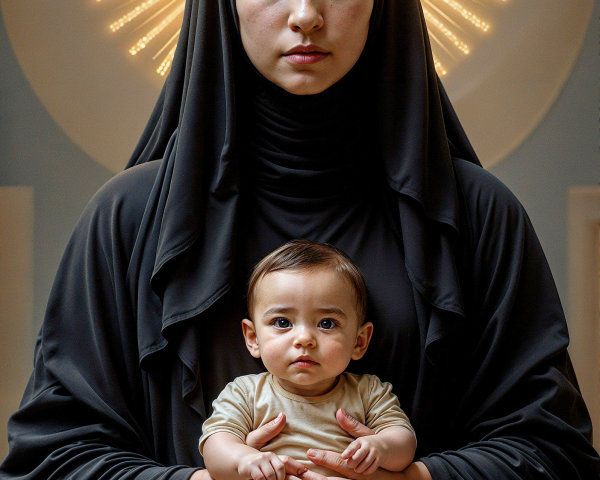 Serene Woman in Black Robe with Child and Halo