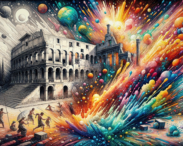 Surreal Landscape with Ancient Architecture and Cosmos