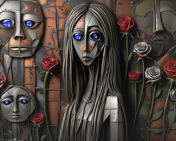 Neo-noir portrait of steampunk robots and woman’s face