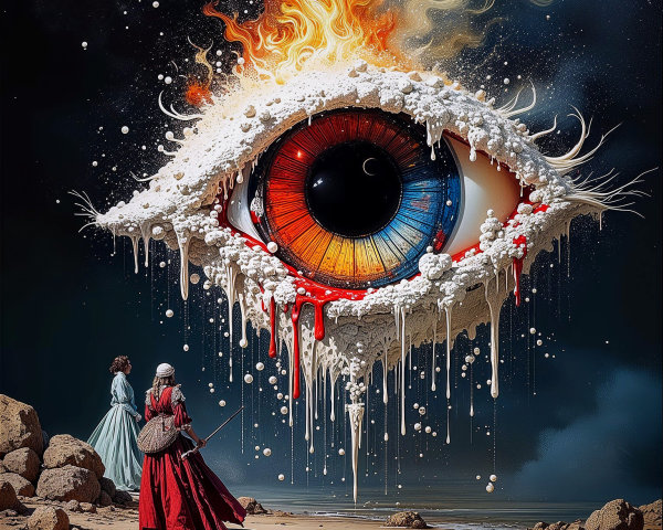 Surreal Beach Scene with Colossal Eye and Historical Figures
