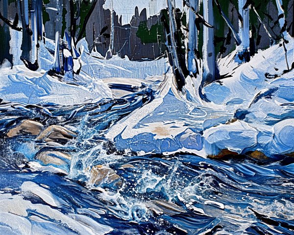 Serene Winter Landscape with Stream and Snow-Covered Trees