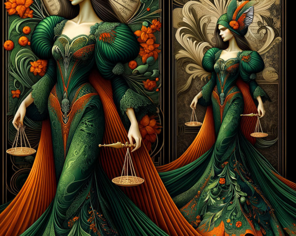 Fantastical Woman Embodying Justice in Vibrant Gown