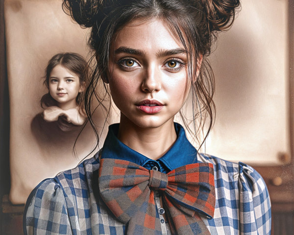 Young woman in checkered blouse with nostalgic background
