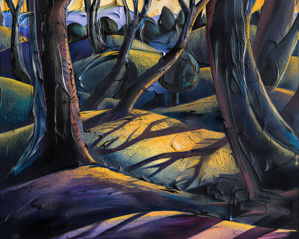 Vibrant Textured Landscape of Trees and Hills