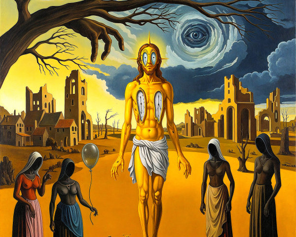 Surreal Landscape with Elongated Figure and Cloaked Observers