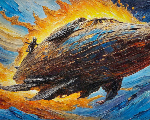 Vividly Painted Airship Against Dramatic Sky