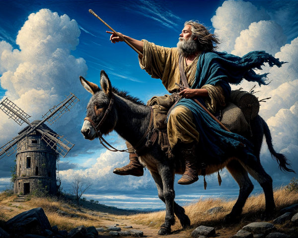 Wise Figure on Donkey with Windmill and Landscape