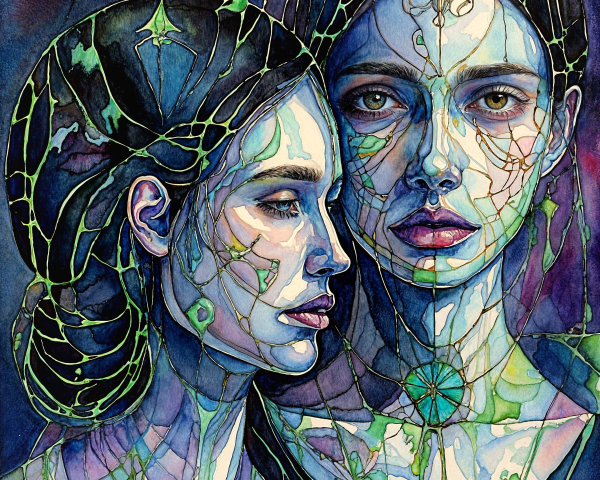 Intertwined Ethereal Figures in Dreamlike Background