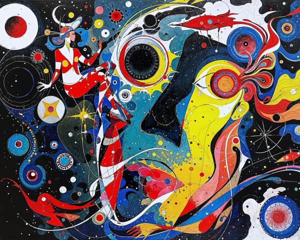 Cosmic Artwork with Vibrant Colors and Whimsical Figure
