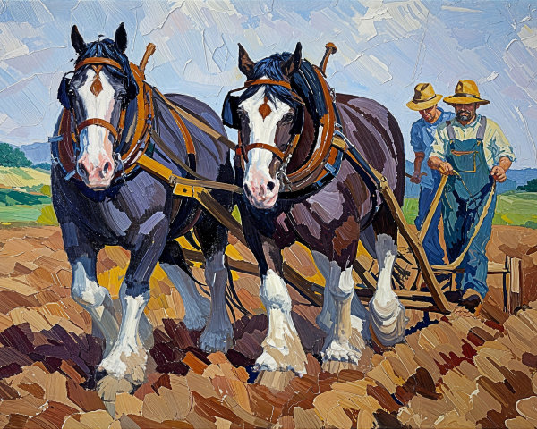Draft Horses Plowing a Field with Farmers in Hats