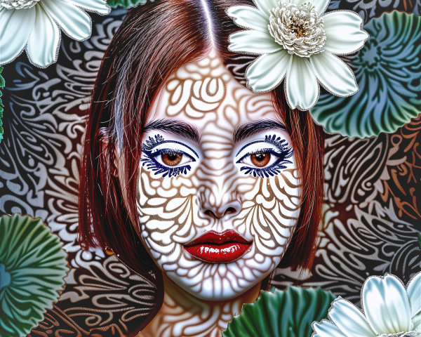Close-Up of Woman with Floral Makeup and Bold Hair
