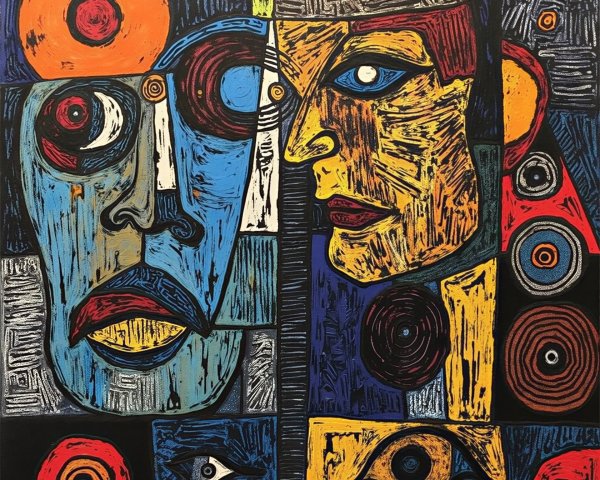 Abstract Faces with Bold Colors and Geometric Patterns