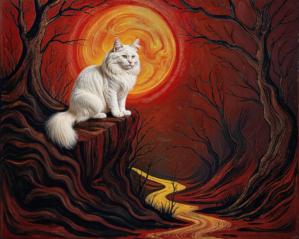 Majestic white cat on rocky ledge with vibrant sky