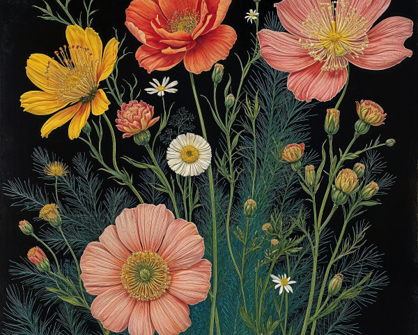 Vibrant Floral Composition on Black Background