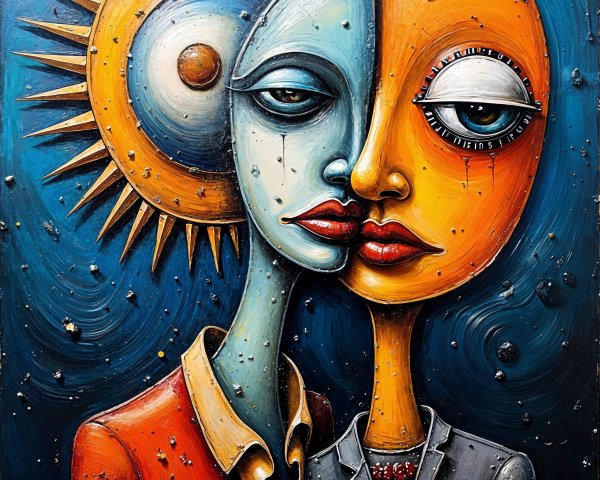 Dual-Faced Figure with Contrasting Emotions and Colors