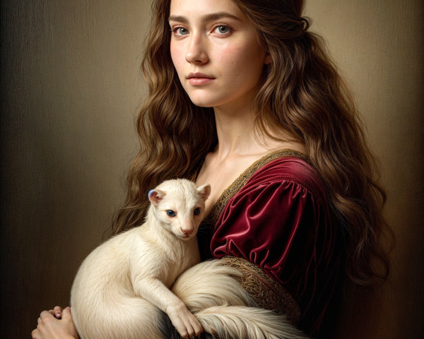 Young Woman in Burgundy Gown Holding a Ferret