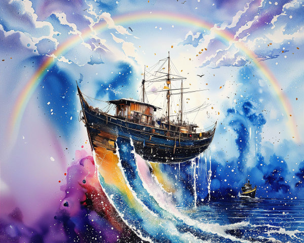 Colorful Ship in Dreamlike Watercolor Sky Scene