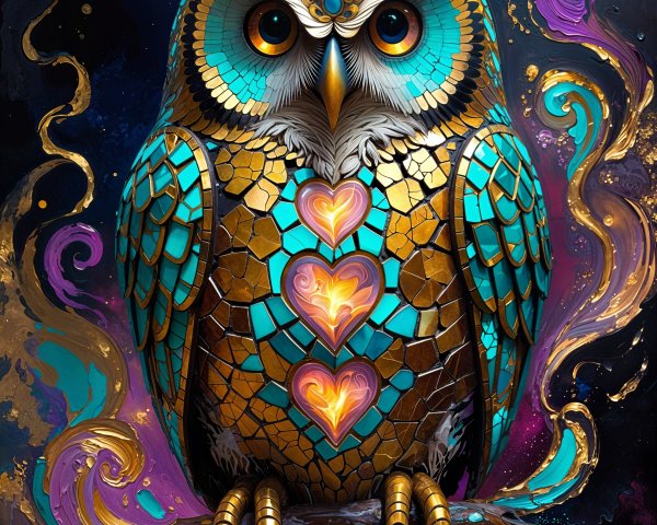 Ornate gold and teal mosaic owl in dark setting