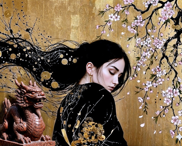 Young Woman in Black Kimono with Cherry Blossoms and Dragon