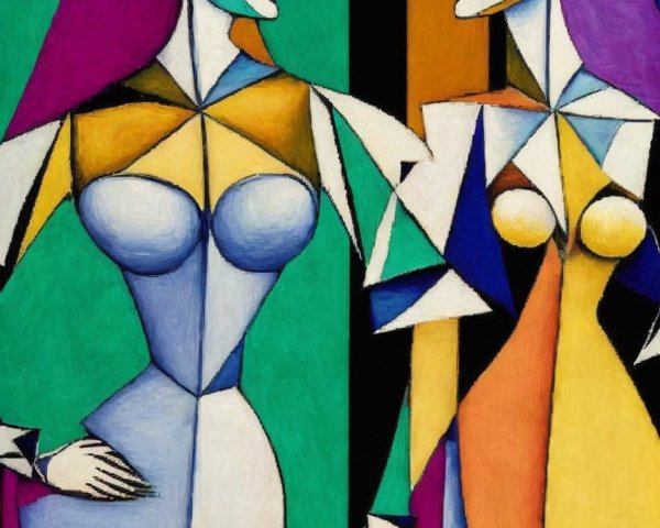 Cubist Depiction of Two Women in Vibrant Colors