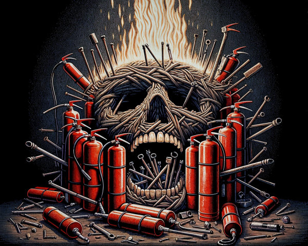 Skull Made of Ropes Surrounded by Tools and Flames