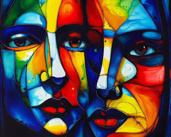 Abstract Artwork of Intertwined Faces in Bold Colors