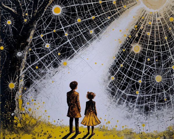 Boy and girl under starry sky with radiant sun