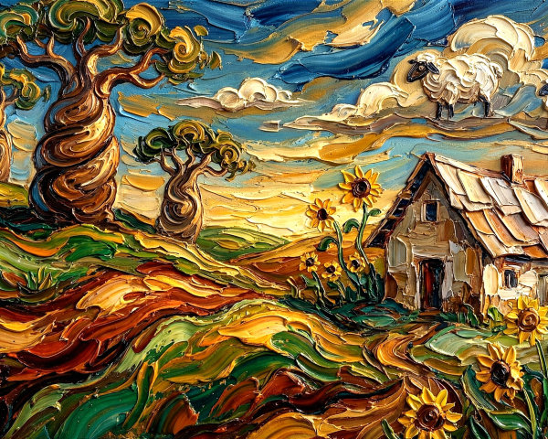 Impasto Oil Painting of Sheep on Clouds Over Cottage