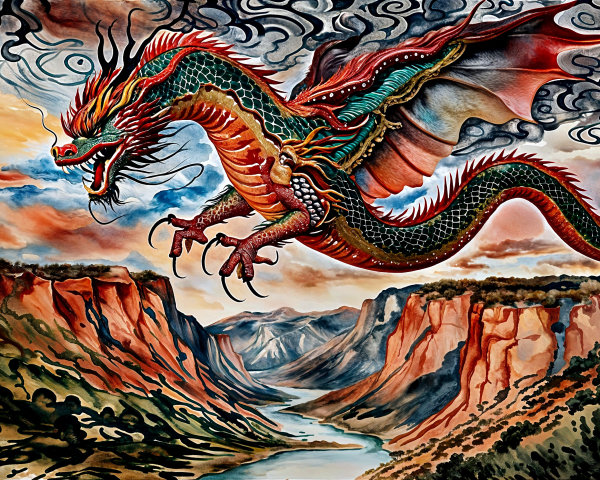 Mythical dragon soaring over dramatic landscape scene