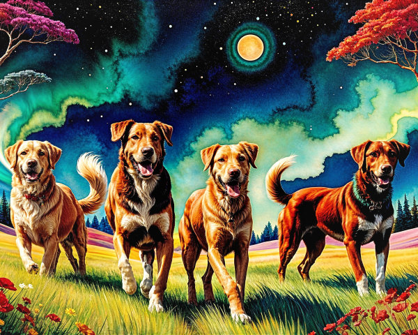Colorful Landscape with Dogs in Flower Meadow