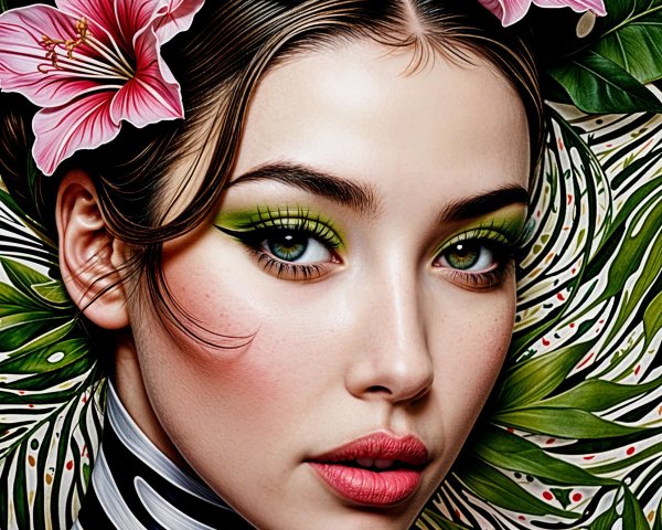 Portrait of a woman with hibiscus flowers and bold makeup